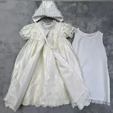 Vintage Christening Baptism Dress Robe Gown Slip Bonnet Cream Made in USA Look