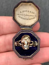 15ct gold diamond enamel Memento Mori skull ring rare boxed