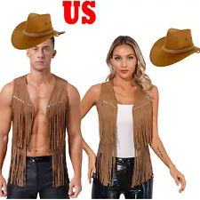 US Womens Mens Western Cowboy Cosplay Costume Tassel Open Front Waistcoat + Hat