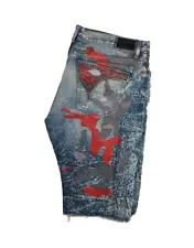 Robin's Jean Shorts Embellished Distressed Ripped Acid Wash Painted Long Flap 44