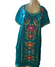 Mexican Dress Puebla Authentic Women's Hand Embroidered Floral Design Green