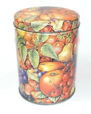 Vintage Round Tin Filled With Dried Roses Container Design Fruit Apple Grapes