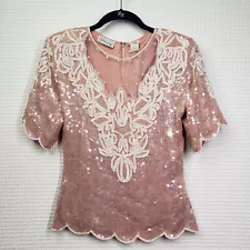 Vintage Stenay Sequin Top Womens Small Pink Silk Beaded 80s Granny Pearls Party