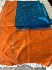 Vintage Royal Blue And Orange Pure Silk Printed Indian Sari 5yd Fabric EUC