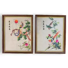 Vintage Pair Chinese Handmade Silk Embroidery Birds Floral Framed