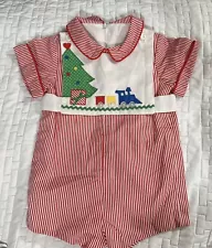 Betti Terrell For Neiman Marcus Red White Christmas Tree Train Baby Romper 9-12