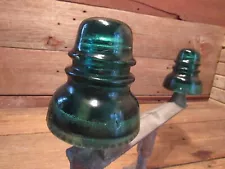 VINTAGE BLUE GLASS INSULATORS With RARE METAL Rod Decor, Man Cave, Barn, Patio!