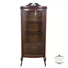 Antique 1890s Oak Curved Glass Curio Cabinet with Original Key #22145