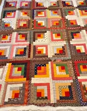 Antique Log Cabin hand quilted unbound quilt 74" x 86" Old Top, new backing