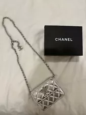 CHANEL Metallic Goatskin Quilted Star Flap Waist Belt Bag Silver