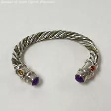 Sterling 925 & Brass Twist Cuff Bracelet w/ Mexican Fire Opal & Sugalite Accents