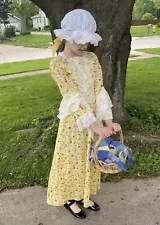 EUC Girls Yellow Floral Pioneer Colonial Dress, Bonnet, Shawl, Ribbon Size 10-12