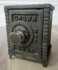 OLD CROWN COIN BANK MINI VAULT SAFE CAST IRON VINTAGE ANTIQUE COMBINATION