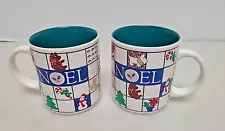 Set of 2 Noel Country Christmas Mug with Holly Snowman Tree Bear Toys