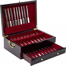 Double-Layer Wooden Flatware Chest Felt Lined Storage Box Silverware 12-16+ Sets