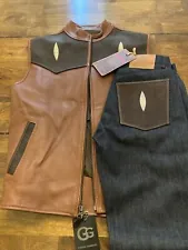 NEW G-Gator Men's Leather Vest (xl) & Jeans Set Brown Best And Dark Jeans
