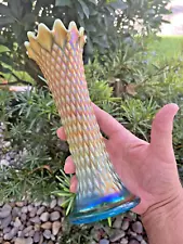 Northwood Antique Carnival Glass Aqua Opal Diamond Point Vase Gorgeous!