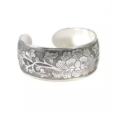 Tibetan-Tibet Silver Peony Totem Carved Bangle Cuff Bracelet Sale Jewelry