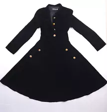 NEW Fit & Flare Black Velvet Goth Victorian Swing Dress Military Buttons Pockets