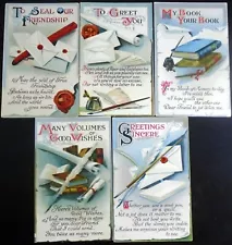 5 Antique Greetings, Friendship, Best Wishes Postcards, Feather Quill Ink Pens