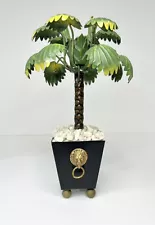 Tole Metal Petite Potted Palm Tree W Lions Head Vintage Hollywood Regency.