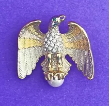 Vintage Perched Eagle On Faux Pearl Rhinestone Gold Tone Brooch Pendant SALE!