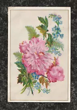 Large Victorian Stock Trade Card Pink Peonies Peony Forget-me-nots Fern 6 x 4