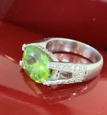 Certified18K White Gold Unique Natural 6.20CT Cushion Cut Peridot Diamond Ring 7