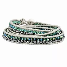 Green Aurora Borealis/Grey Crystal Bead Leather Multi-wrap Bracelet BF1625