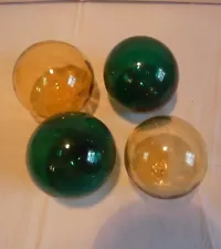 4 glass balls, Green & Citrine. 10 Ins. around