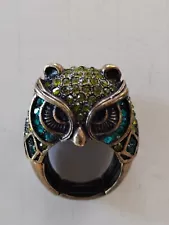 Owl Ring Adjustable Brass Rhinestones Perfect Condition