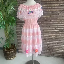 Vintage Mexican Pink Embroidered Floral Peasant Dress As Found