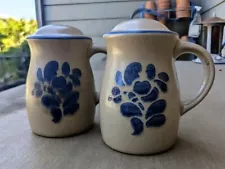 Pfaltzgraff Stoneware Folk Art Salt & Pepper Shakers w Handles Deep Blue Floral