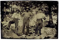 Civil War Era Tintype Photo Three Rough Miners Holding Picks & Shovels Outside