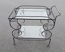 Vintage BAR CART Art Deco Scrolled Iron Glass Shelves