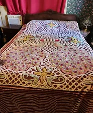 Vintage Double Peacock Chenille Bedspread 87”x104”