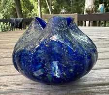 Antique Dugan Art Glass Large Pinched Rose Bowl Vase In Cobalt