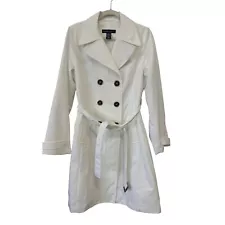 New York & Company Trench Coat Women M Tie Waist Double Breasted White Polyester