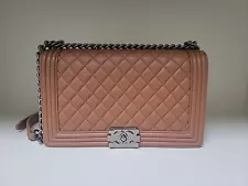 Authentic NWT Chanel Boy Bag Large / New Medium Beige Camel Caramel Silver Hdw