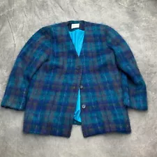 Doncaster Jacket Womens 12 Blue Purple Turquoise Glen Plaid Mohair Wool USA VTG