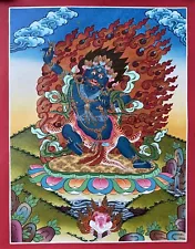 ORIGINAL HAND-PAINTED VAJRAPANI FINE MASTERPIECE GOLD TIBETAN THANGKA PAINTING