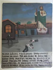 Vintage hand-painted Retablo, brothers shot for gambling debts, free shipping