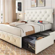 Used Queen Upholstered Bed with Adjustable Headboard/4 Drawers/2 USB Ports/Beige