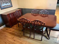 1940s Antique Duncan Phyfe Style Mahogany Dining Table, 6 Chairs, and Buffet