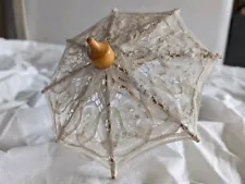 Lace & Wood Doll Umbrella Parasol Functional Opens & Closes- 8" Wide When Opened