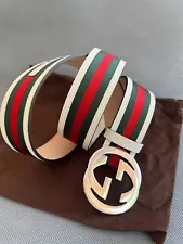 Gucci GG Interlocking Red, Green, White Stripe Leather Web Belt, size 95 cm 32 W