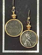 1943 STEEL WHEAT PENNY EARRINGS-12K GOLD FILL HOOKS (HYPO-ALLERGENIC) DESIGNER