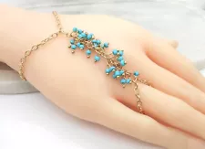 Aqua Beaded Bracelet Attached Women's Ring Ladies Slave Hand Chain New