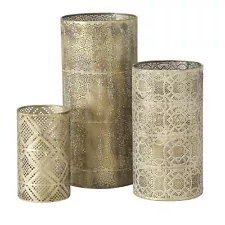 3 Piece Intricate Hurricane Lanterns, Multi-Pattern Lattice Work, Gold Finish...