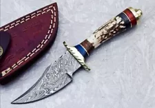 CUSTOM HANDMADE DAMASCUS STEEL BOWIE KNIFE WITH STAG/ANTLER HANDLE FOR SALE